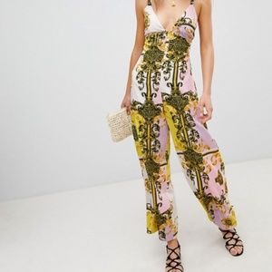 ASOS DESIGN Pastel Baroque Print Wide Leg Jumpsuit